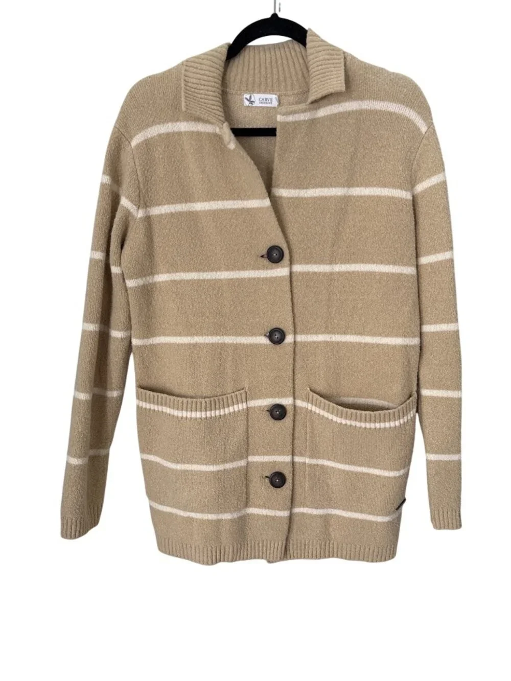 Carve Designs Cardigan Sweater Size Small/Medium Striped Button Front Tan White